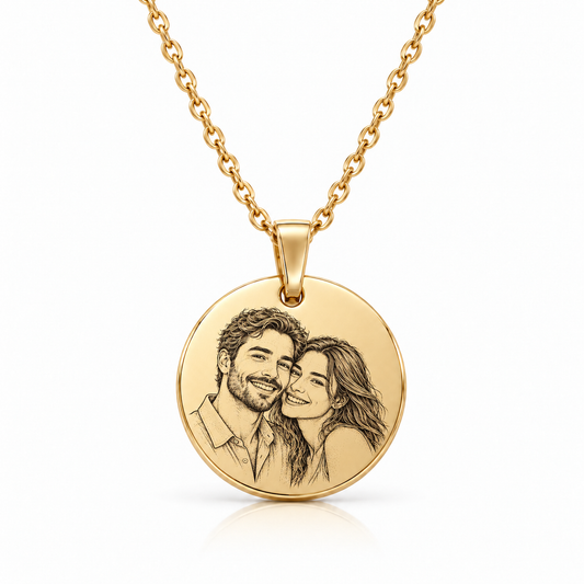 gold-circle-engraved with detailed black human portrait engraving