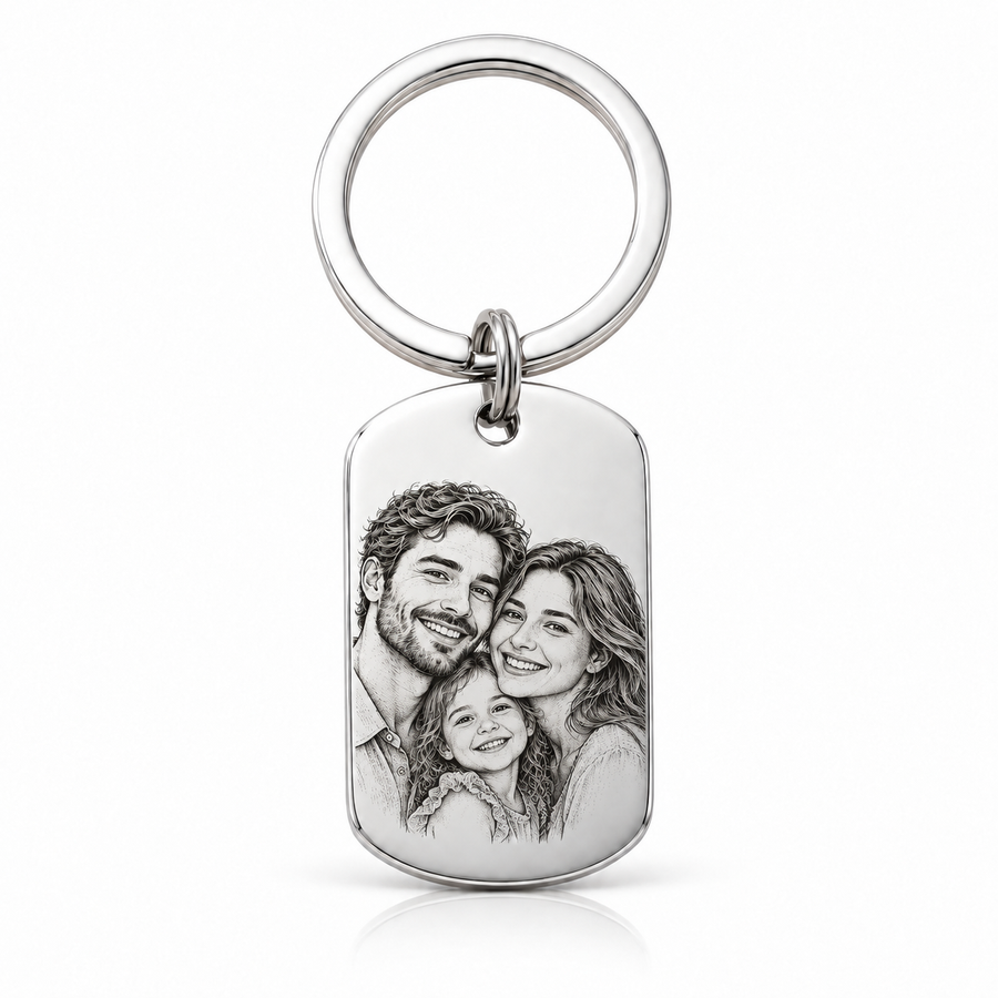 premium-keychain-engraved with detailed black human portrait engraving