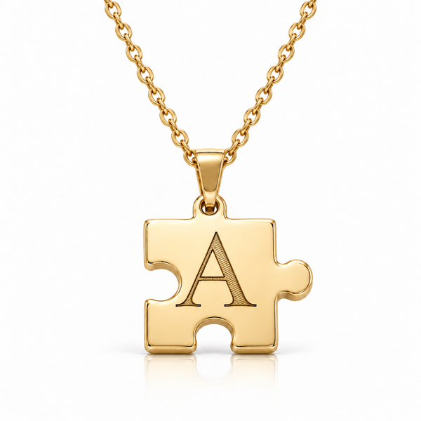 Gold puzzle necklace with black engraved letter A